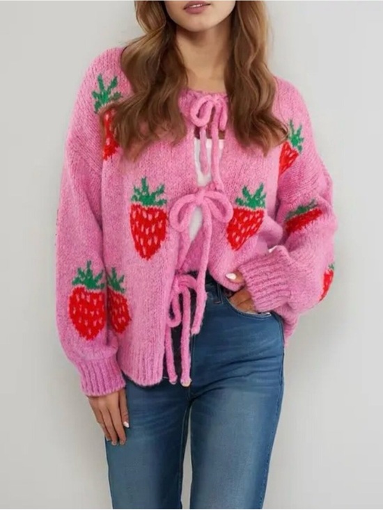 Miss Sparkling Sweaters - Miss Sparkling | Pink Strawberry Bowknot Knit Cardigan